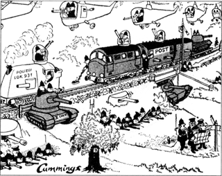Velká vlaková loupež (3) - Dobová karikatura, znázorňující jak by policie mohla napříště zabránit vlakové loupeži